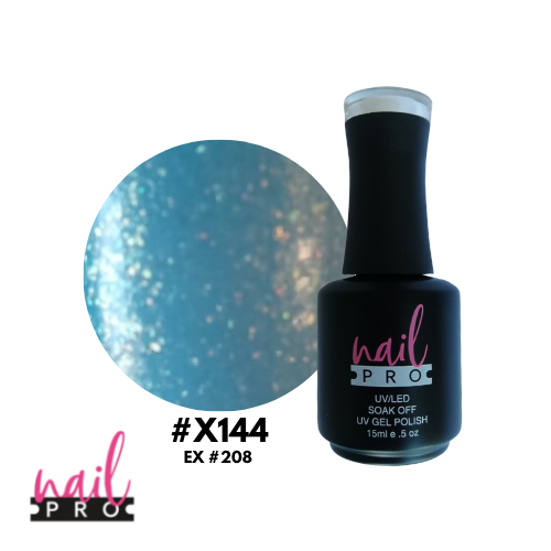 NAIL PRO Esmalte Permanente X144 (ex208) Celeste micro glitter dorado